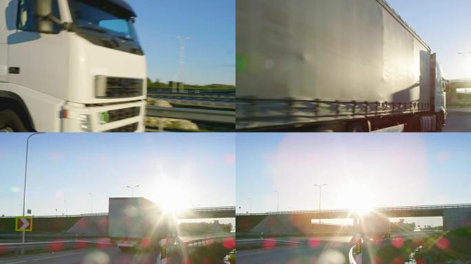 在桥/立交桥下行驶的带有货运拖车的白色半卡车的后续拍摄。