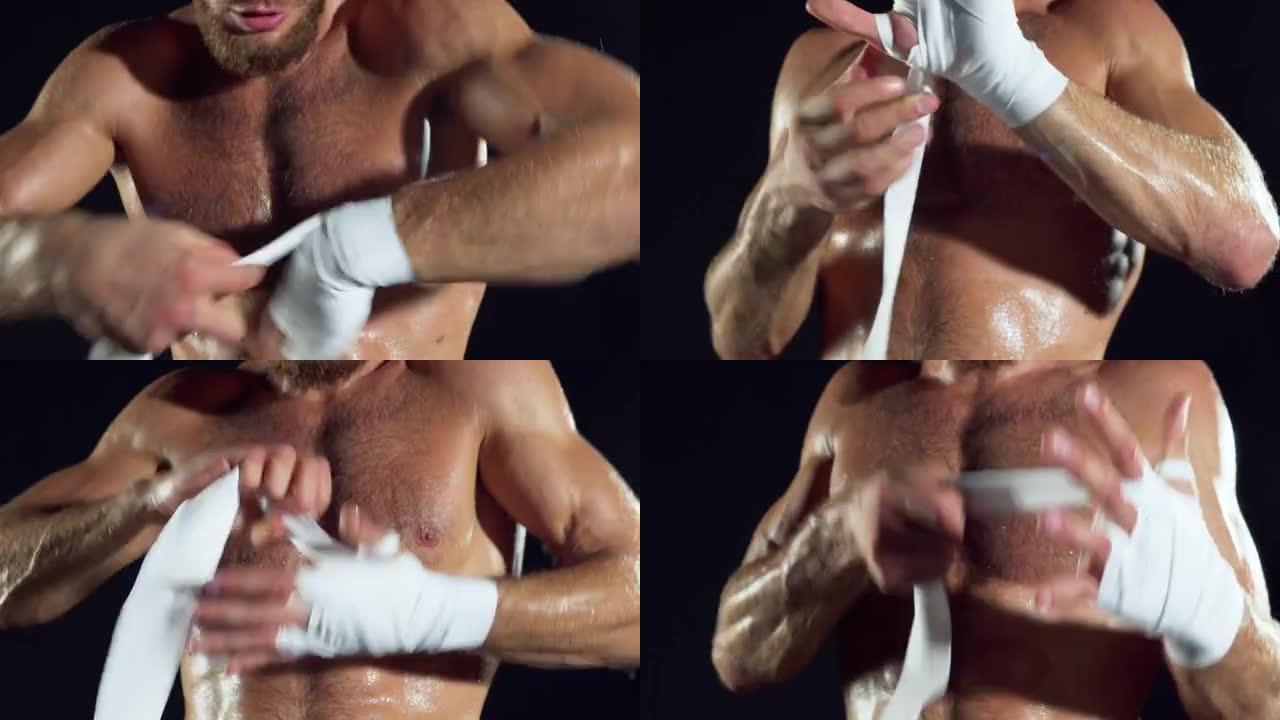 男性拳击手在格斗训练前用白色手包手。拳击手包手。