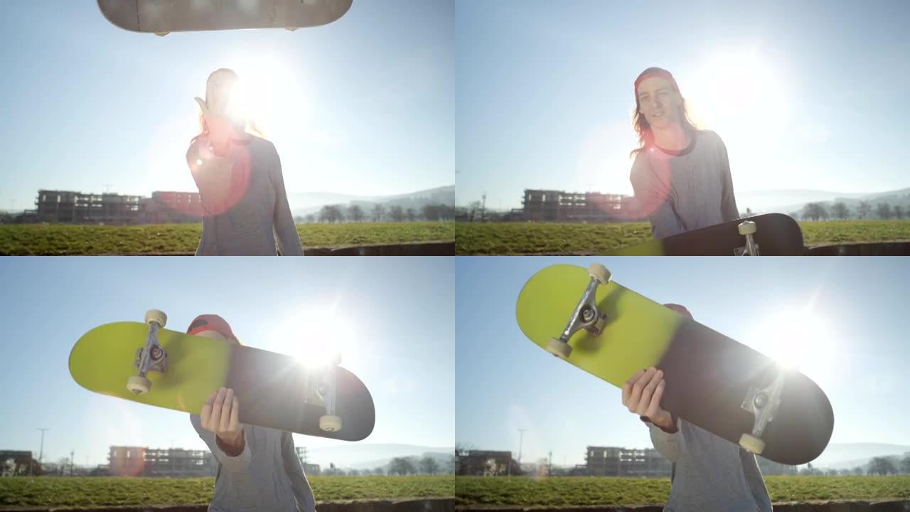 特写: 溜冰者在空中翻转溜冰鞋，将其推向太阳下的相机