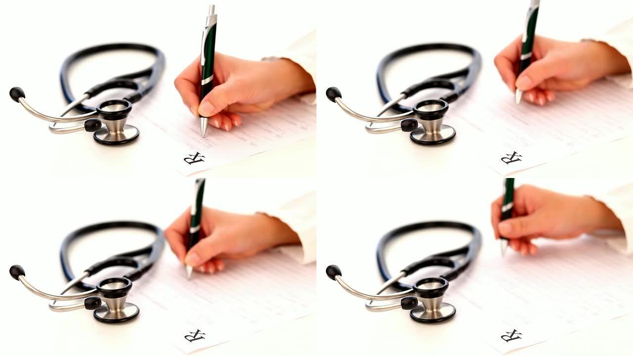 听诊器特写和医生写处方的手
