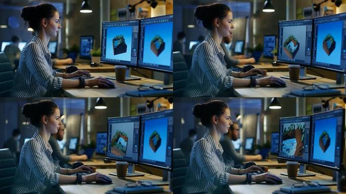 女性游戏开发人员在带有两个显示器的个人计算机上进行关卡设计。她在一个有创意的办公空间工作。
