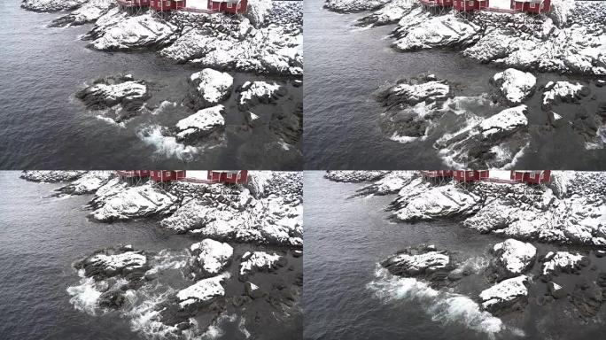 俯视图的4k镜头显示了罗弗滕群岛Hamnoy村蜿蜒的大海