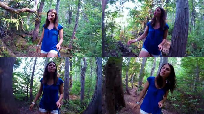 女人在森林里散步时四处张望4k