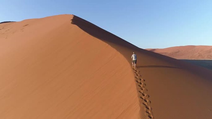 在纳米布沙漠中漫步在沙丘上的男性游客的鸟瞰图