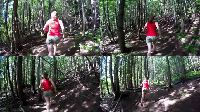 女人在阳光明媚的日子在森林里慢跑4k