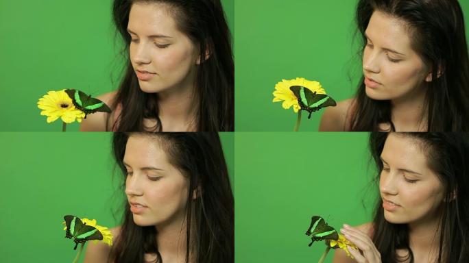 绿色蝴蝶的美女黄色花绿色条纹蝴蝶