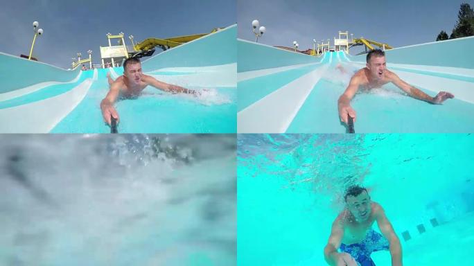 自拍照: 在美丽的夏日里，开朗的微笑男子滑下水上乐园的超快水滑梯