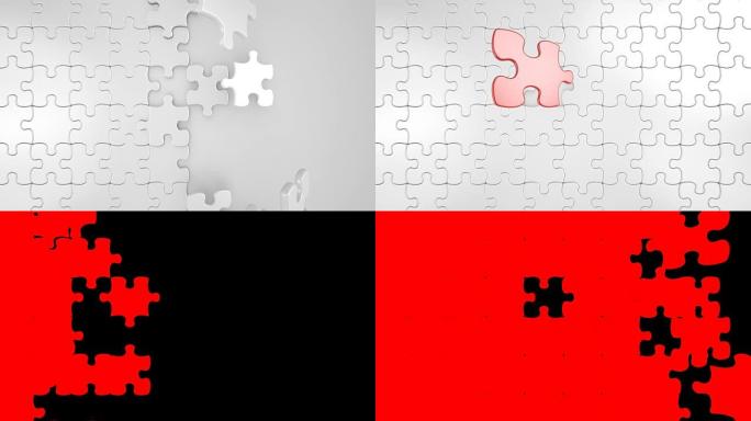 美丽的3d动画落下的最终拼图块红色在空荡荡的地方。正确的解决方案业务概念。绿屏。阿尔法面具。
