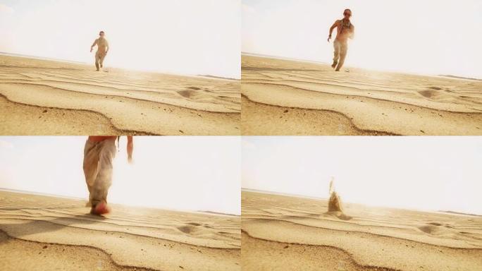 年轻人在沙漠中奔跑和跳跃