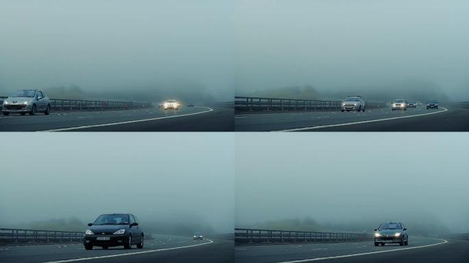 汽车在薄雾中驶过高速公路