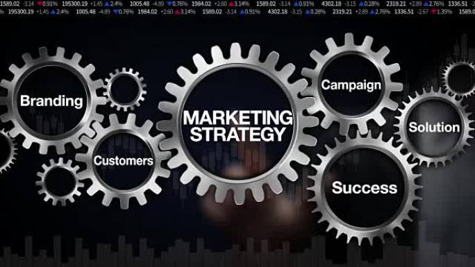 齿轮品牌，解决方案，客户，活动，成功。商人触摸 “营销策略”