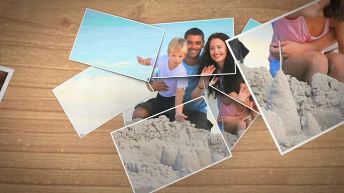 即时照片坠落并显示一个家庭在海滩上