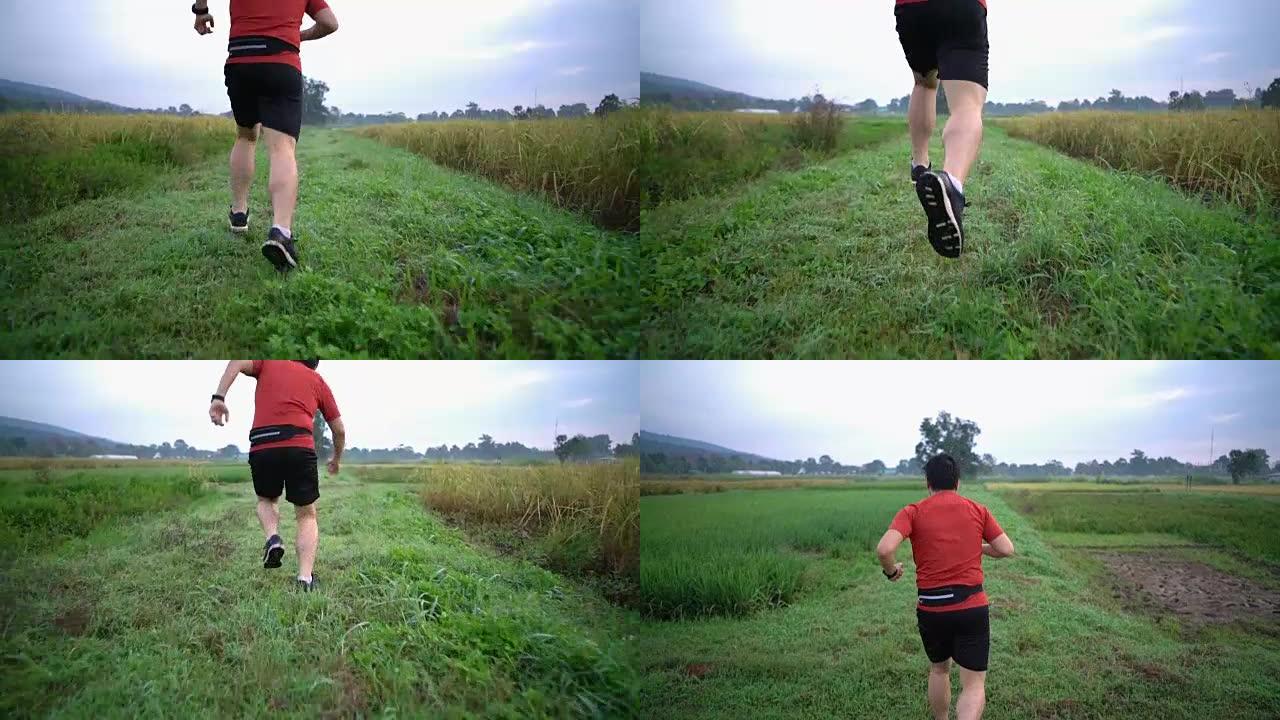 起重机在稻田里慢镜头拍摄跑者的背影