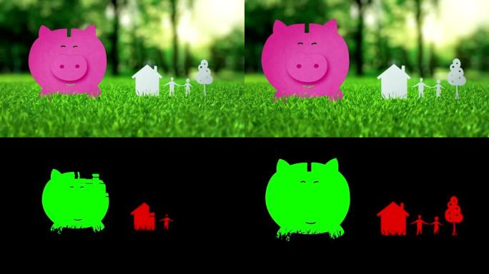 粉色存钱罐动画关于绿色尼斯夏天草抵押概念