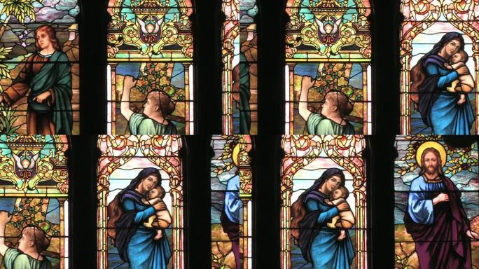 彩色玻璃耶稣和玛丽