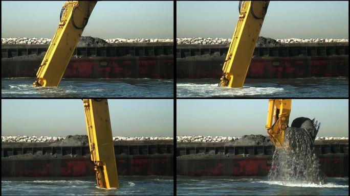 （HD1080）疏浚、挖掘、铲运的泥浆——掉落、倾倒在驳船上