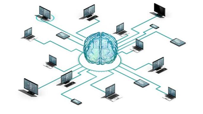 数字大脑连接连接服务器系统。物联网技术，3D维度视图。
