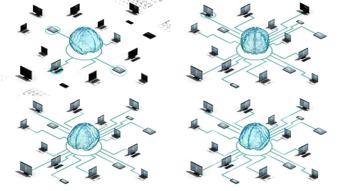 数字大脑连接连接服务器系统。物联网技术，3D维度视图。