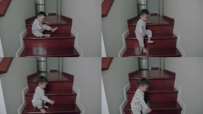 小男孩在家走下楼梯。