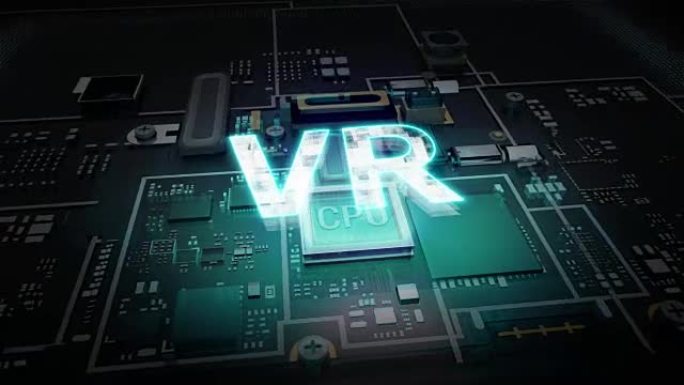 CPU电路、人工智能技术上的全息图错字 'VR'。