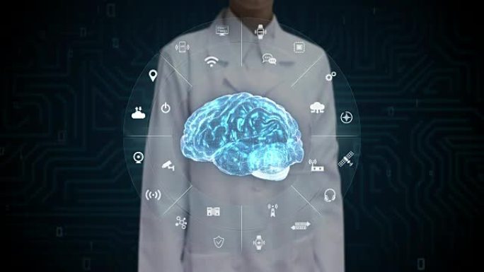 女科学家，工程师触摸蓝色数字大脑，物联网技术，人工智能。