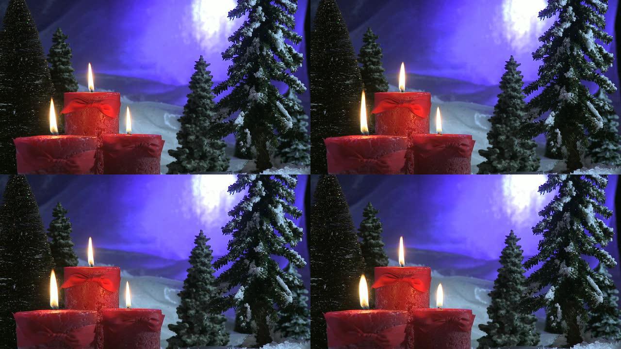 月光森林中的红色圣诞蜡烛-中镜头