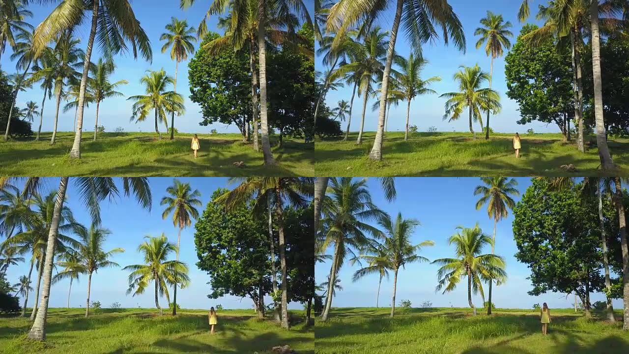 特写: 无法辨认的年轻女子在棕榈树之间的茂密草地上行走