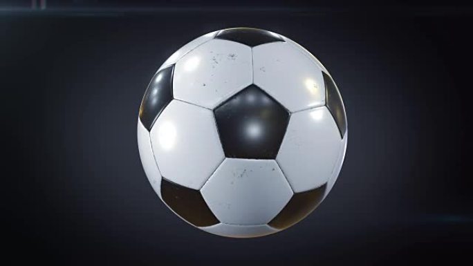 一套3个视频。美丽的足球在黑色上慢动作旋转，带有照明弹。循环足球3d动画的转球。