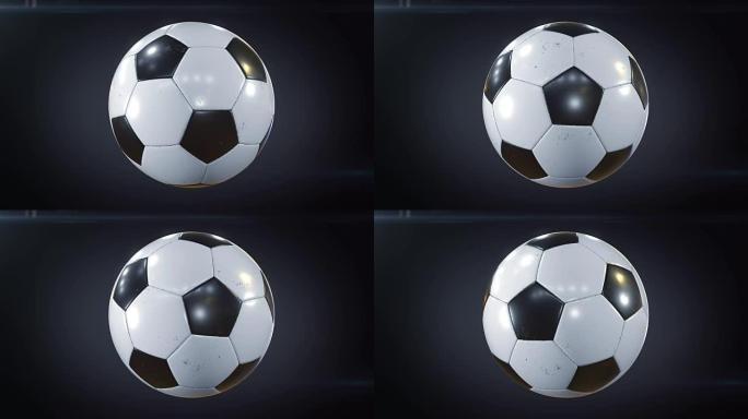 一套3个视频。美丽的足球在黑色上慢动作旋转，带有照明弹。循环足球3d动画的转球。