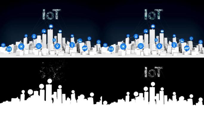 智能城市上的东西传感器图标，连接网格错别字 'IOT' 白色建筑。