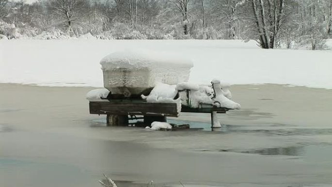 高清: 冰冻的河里的手推车