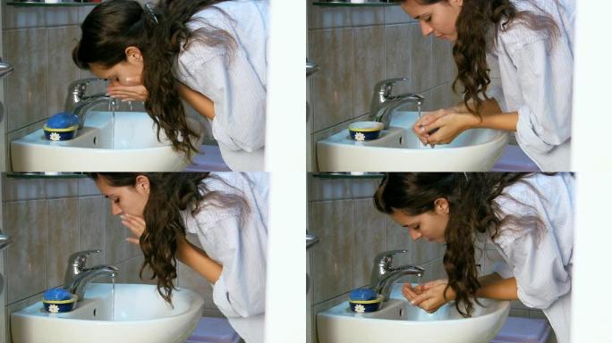 HD：女性洗脸外国人洗脸洗手盆洗手池