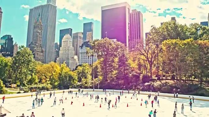美国纽约中央公园人们滑冰的慢动作视频