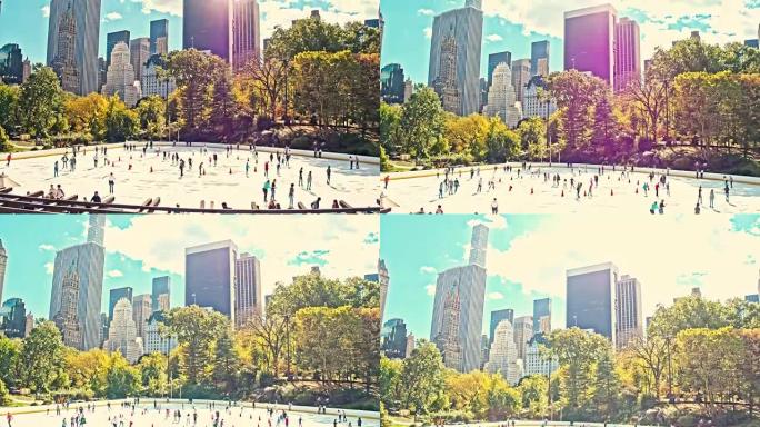 美国纽约中央公园人们滑冰的慢动作视频