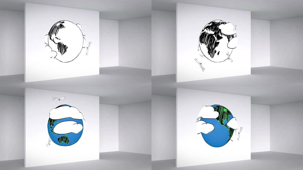 彩色动画显示3d房间和环绕地球的飞机