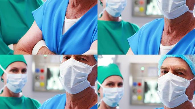 手术室中戴着外科口罩的外科医生的肖像