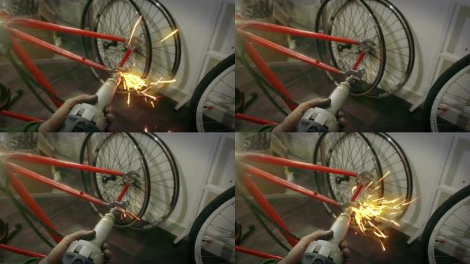 自行车修理固定齿轮与漂亮的火花