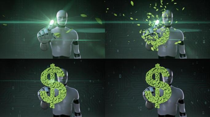 机器人机器人触摸绿叶美元符号，由树叶制成。