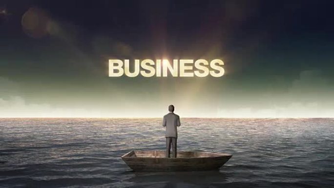不断上升的错字 “生意”，商人在船上，在海洋中。