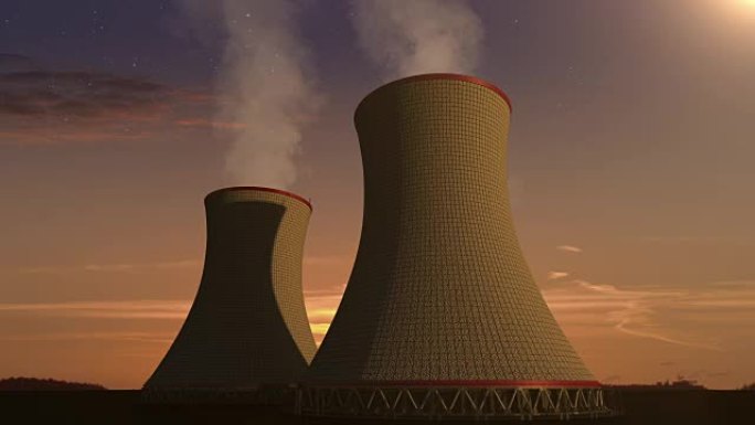 核电厂烟熏冷却塔，火力发电厂，日落视图图像。