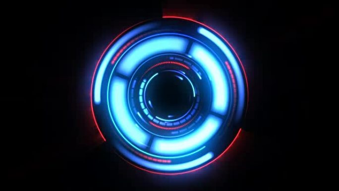 美丽的未来平视显示器，闪光和发光。循环旋转元素红色和蓝色。平视显示计算机数据。高科技概念元素。
