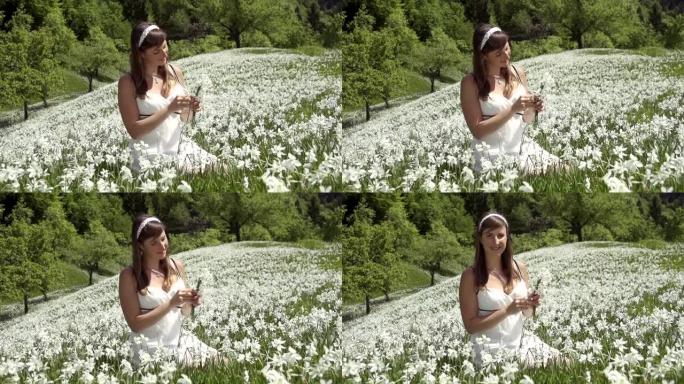 慢镜头:一个穿着白色衣服的女人站在水仙花地里