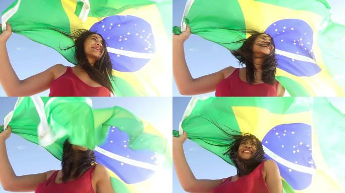 来自巴西的快乐女孩，带着慢动作的巴西国旗