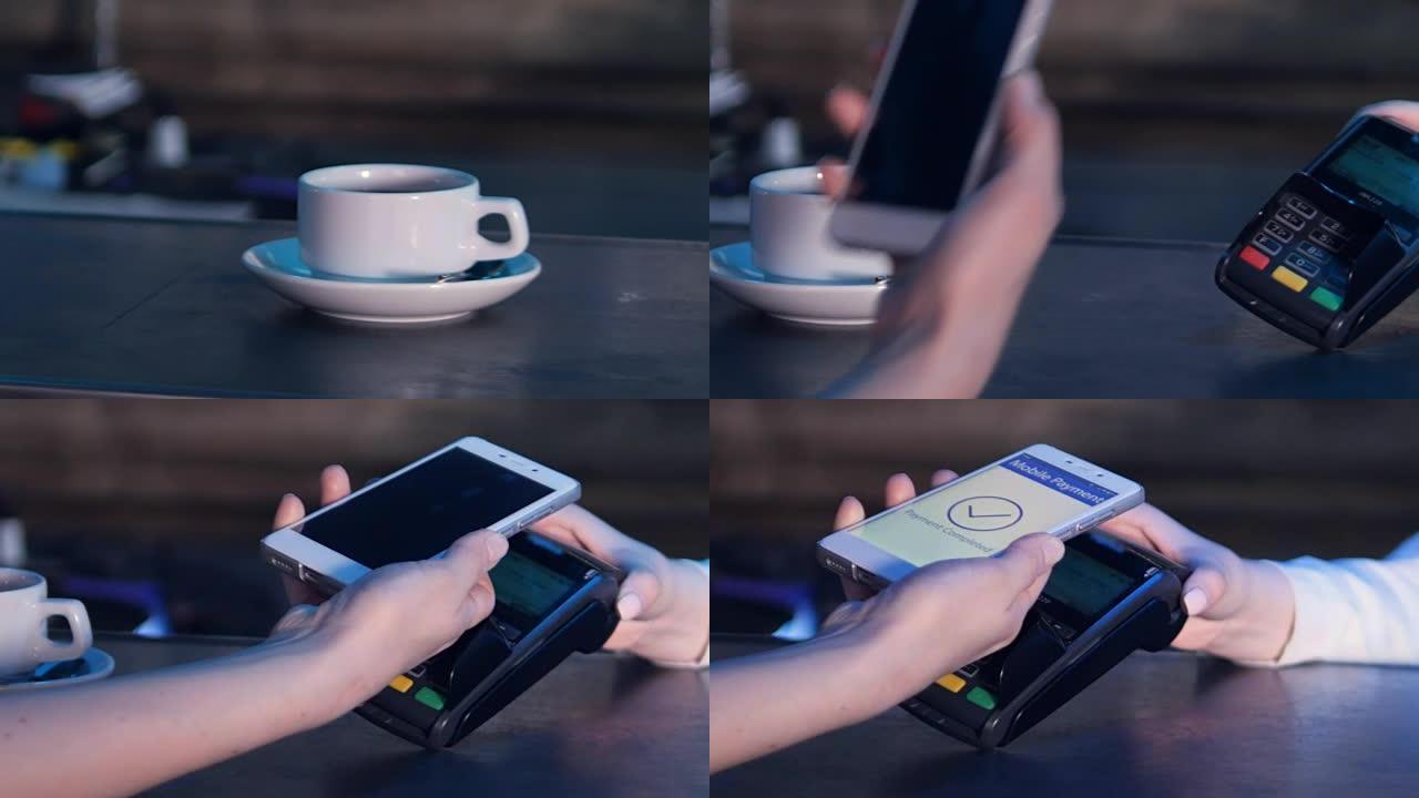 女性使用NFC技术通过智能手机支付。特写。4K。