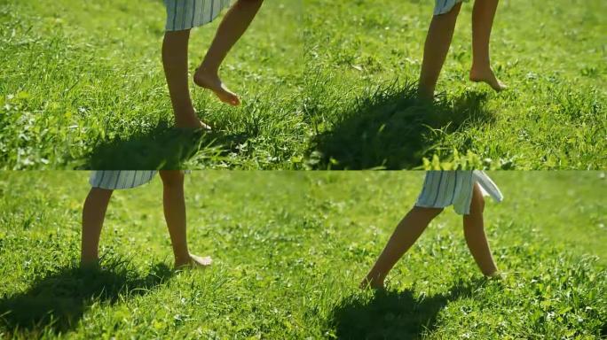 女人的腿在绿色的夏日草地上行走的特写镜头。她穿着时髦的衣服，拿着手机。夏天快乐。