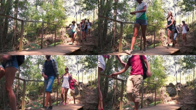 朋友们在森林里走过一座小木桥