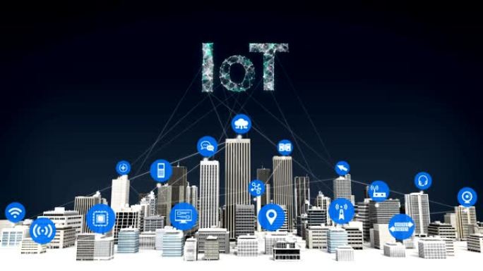 智能城市上的事物传感器图标，连接网格错字 “iot” 概念。