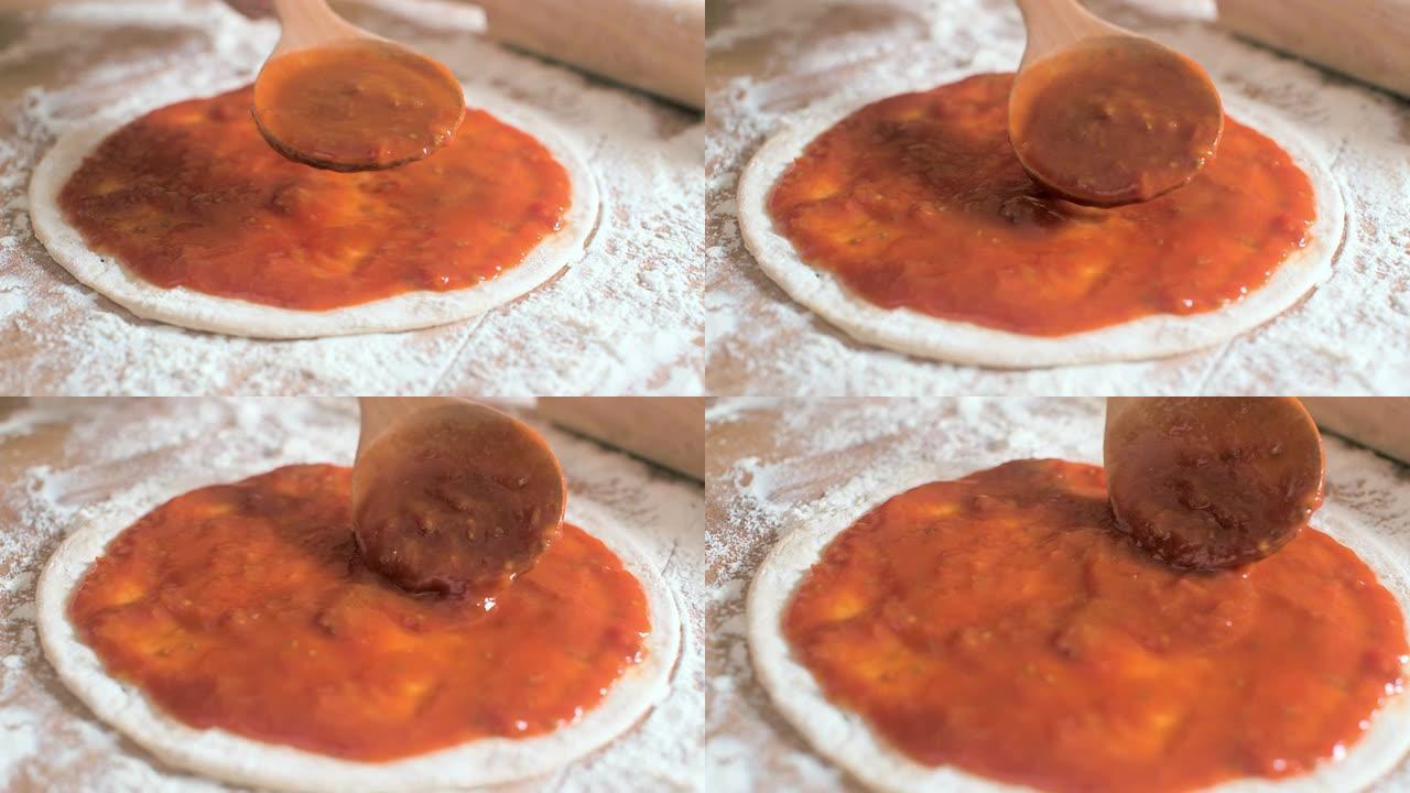 智能摄像头在披萨底座上的番茄酱上移动