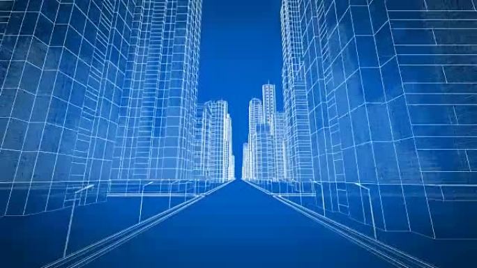 美丽的现代城市穿越数字3d蓝图。建设和技术概念。蓝色3d动画循环。