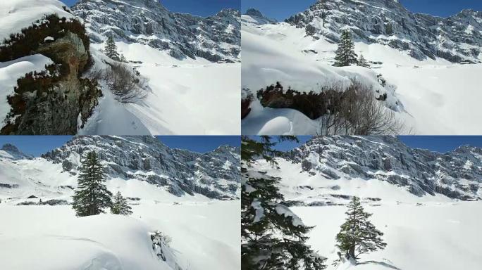 Establishing shot of snowy mountain top landscape 